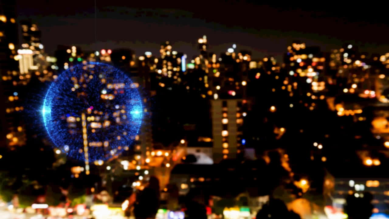 흐릿한 도시 풍경 위에 파란색으로 빛나는 소품의 애니메이션