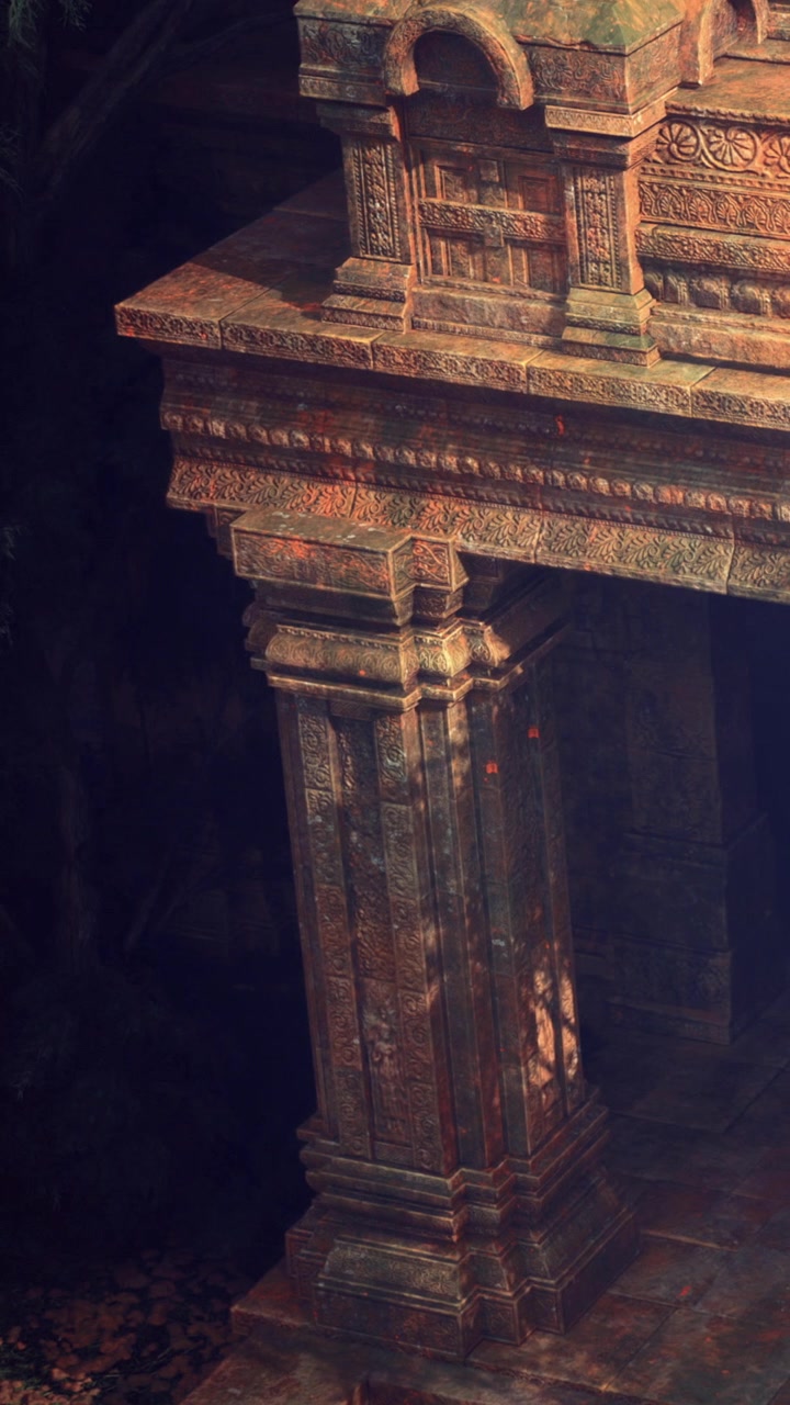 Antiche rovine di un tempio immerse nel tenue bagliore della luce del primo mattino.