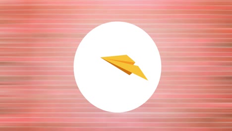 animación digital del icono de avión de papel sobre una bandera circular blanca contra un fondo rosado a rayas