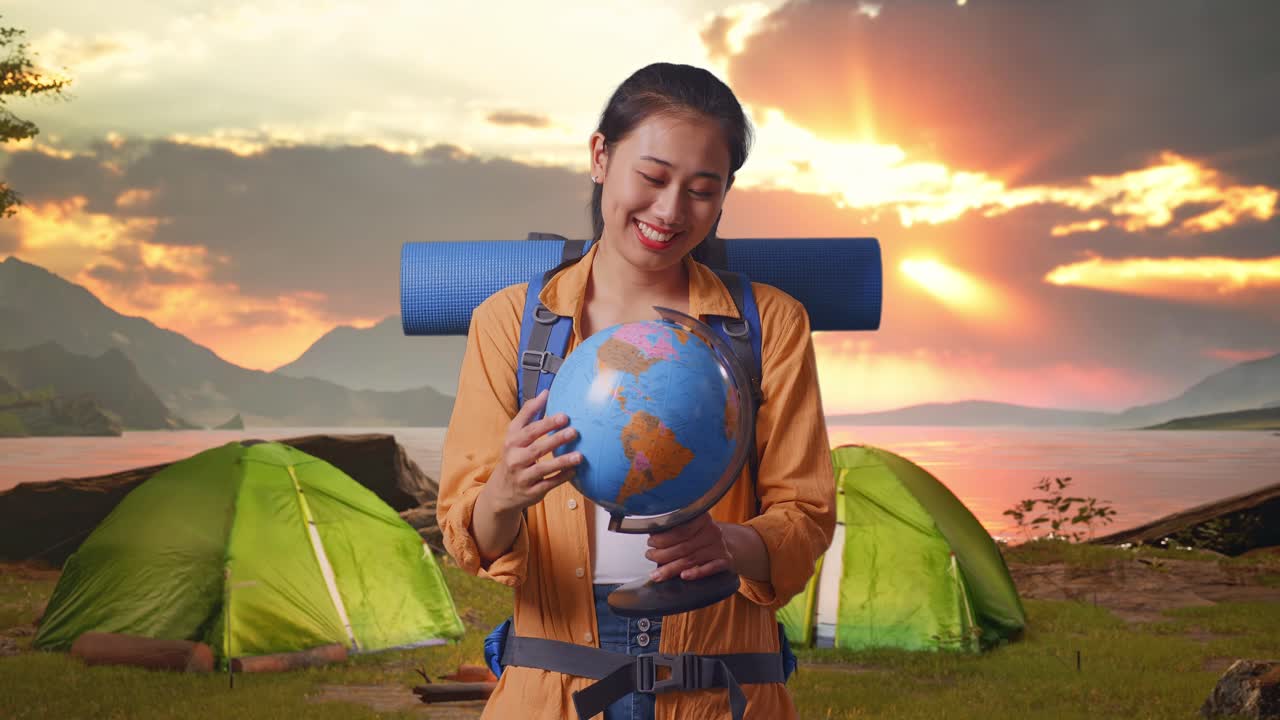 Woman Holding a Globe at Sunrise with Campsite