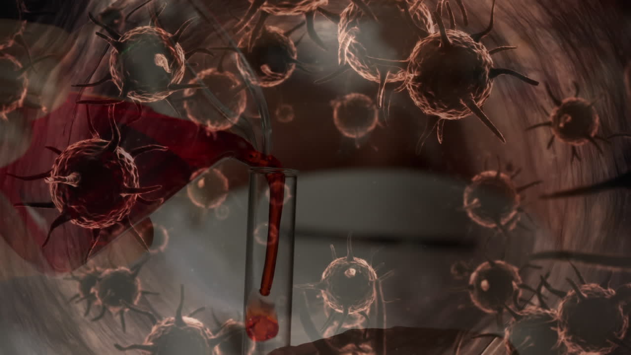 animación de la propagación del coronavirus covid19 con un trabajador de la salud en el fondo