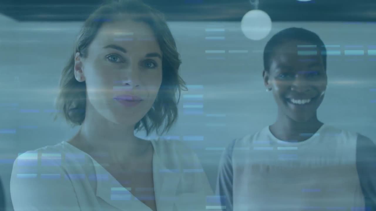 Animation of data processing over diverse women smiling at camera