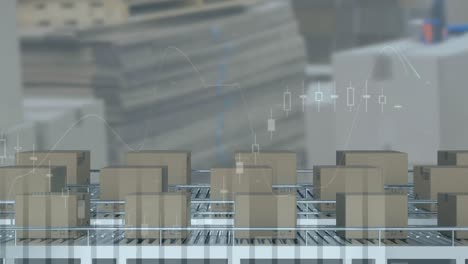 animation of data processing over boxes on conveyor belts in warehouse