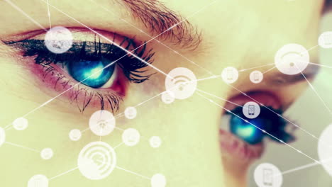 close-up of eyes with network connections and digital icons animation