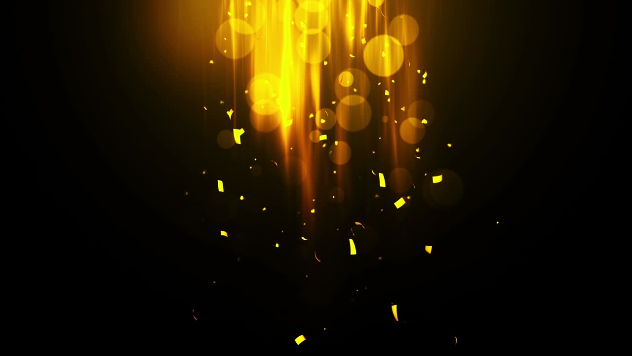 반이는 황금색 콩페티, 황금색의 밝은 축제 틴셀, 검은색 배경에 보케 조명, 반이는 파동 디자인, 루프 애니메이션, 텍스트를 복사하는 공간.