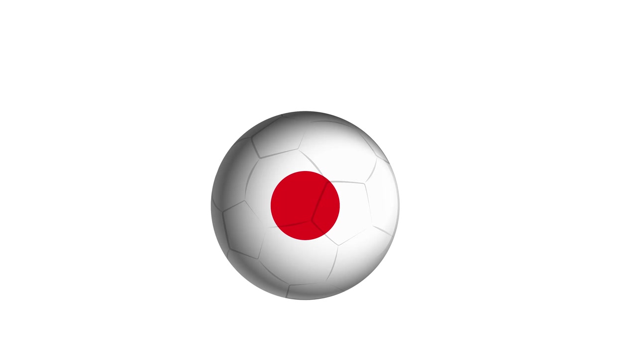 日本国旗柄のサッカーボールが白い背景の上を転がる。