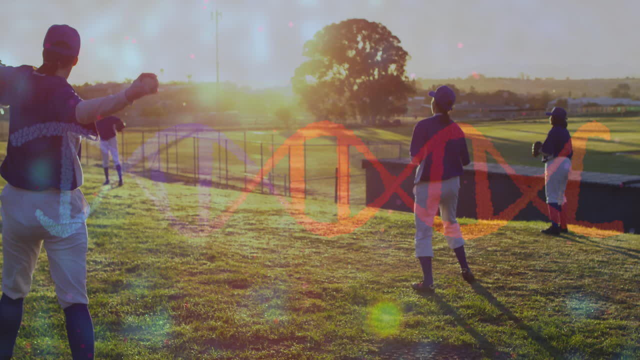 야구 선수 들 이 현장 에서 dna 줄기 애니메이션 을 사용 하여 연습 하고 있다