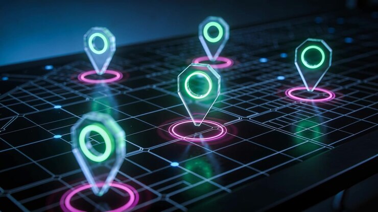 Moving dolly, translucent pins pulsing above glossy grid with green rings, highlighting center