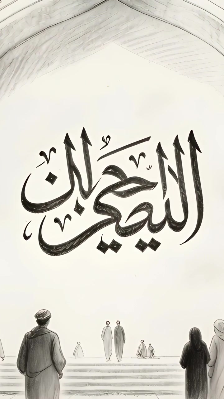 Vertical video: Zooming cam framing Arabic script at mosque arch robed visitors approaching to pray