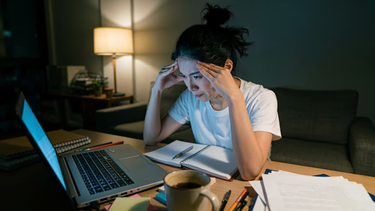 Holding temples woman in white tee reacting to glowing laptop, checking notebook at home at night