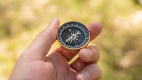 traveler hand holds a compass in forest