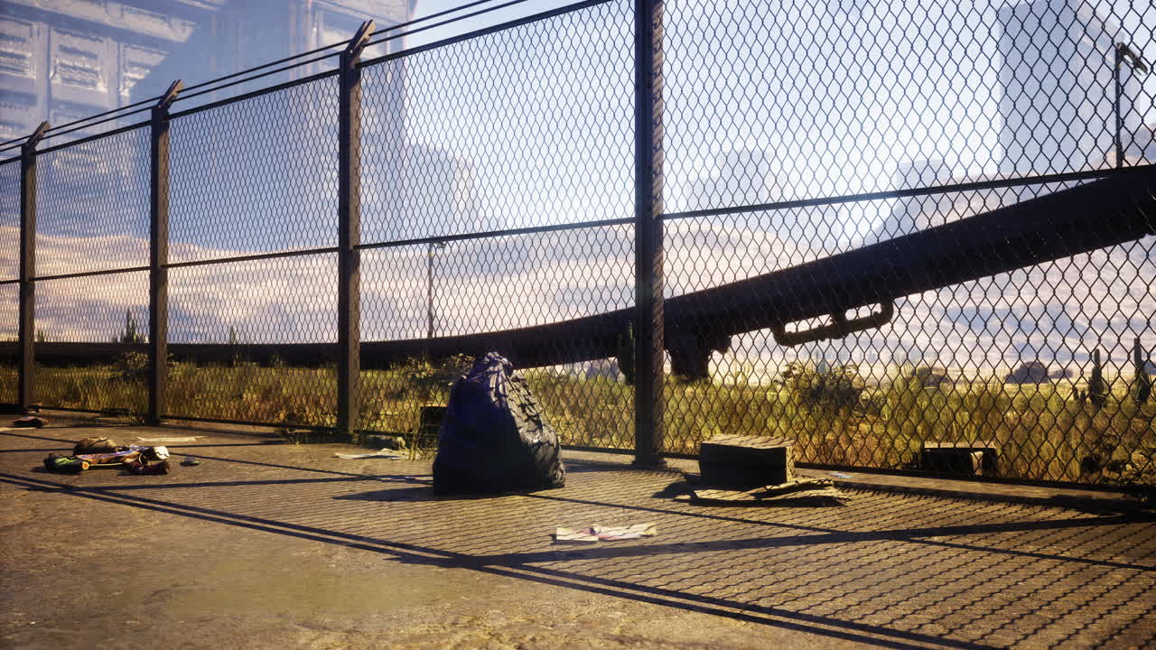 Urban decay highlights a neglected landscape with scattered debris and fences