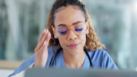 surgeon problem, laptop and face of woman shake