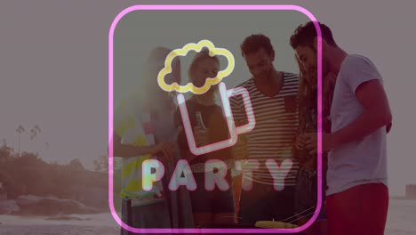 animation of neon party text with beer glass over smiling friends drinking beer