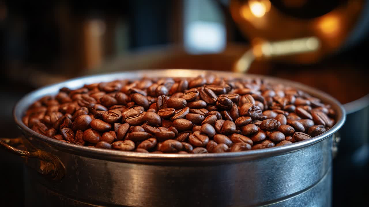 Roasted coffee beans in a metal container