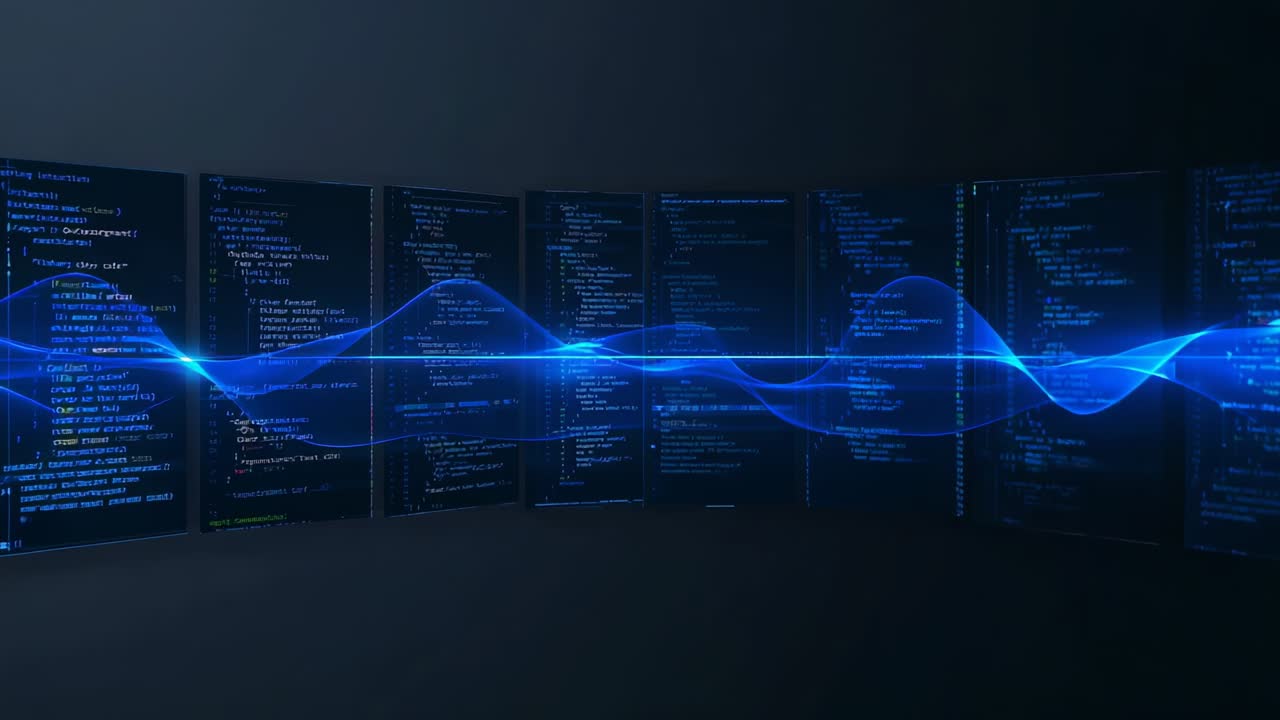Animating curved monitors showing code in studio, frames driving waveform shifting and floor glow