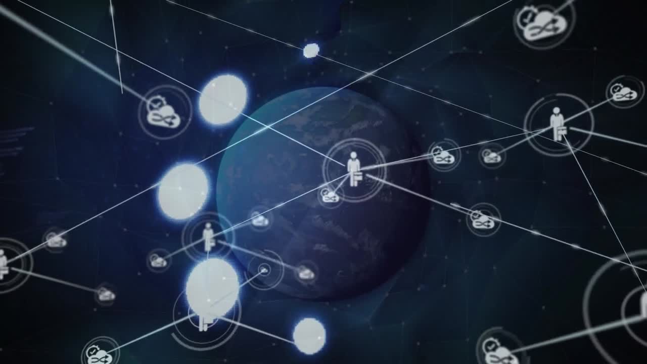 파란색 배경에 회전하는 지구 위의 프로필 아이콘 네트워크의 애니메이션