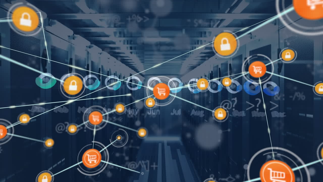 animación de la red de conexiones con iconos y procesamiento de datos sobre la sala de servidores