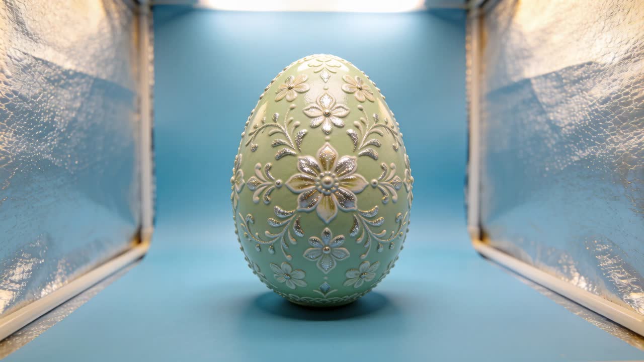 Shining overhead light causing subtle sheen shifts on green egg in light tent with foil panels