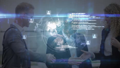 animation of network of connections over globe and business people