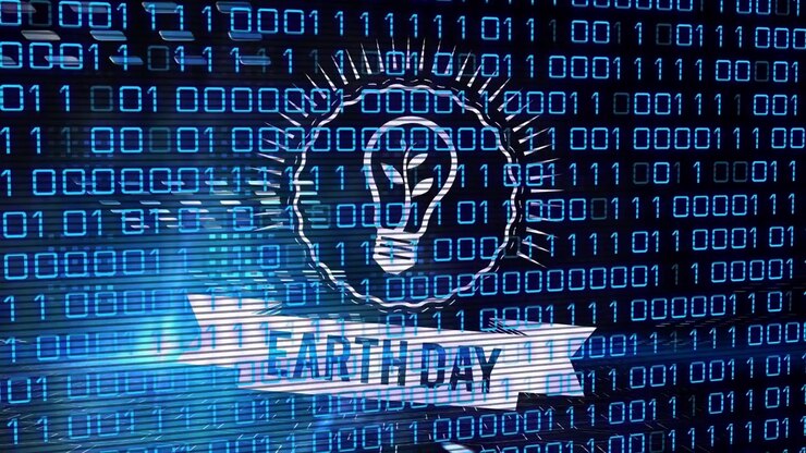 Animation af Jordens Dag-tekst over databehandling