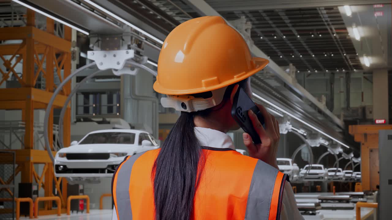 vista de atrás de una ingeniera asiática con casco de seguridad hablando en un teléfono inteligente mientras está de pie en una fábrica de automóviles ev