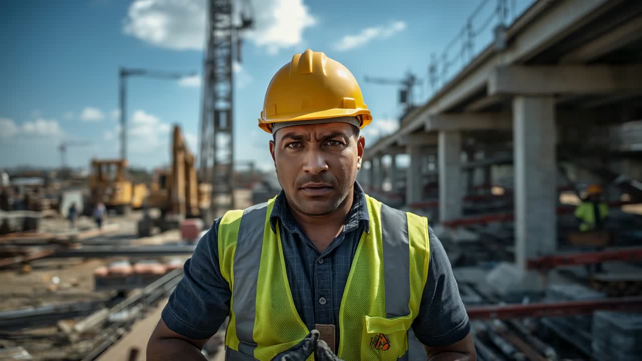 Standing worker wearing yellow hard hat and neon vest blinking, gazing at building site with rebar
