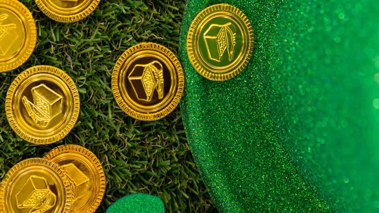 Animazione di monete d'oro e cappello verde su sfondo erboso