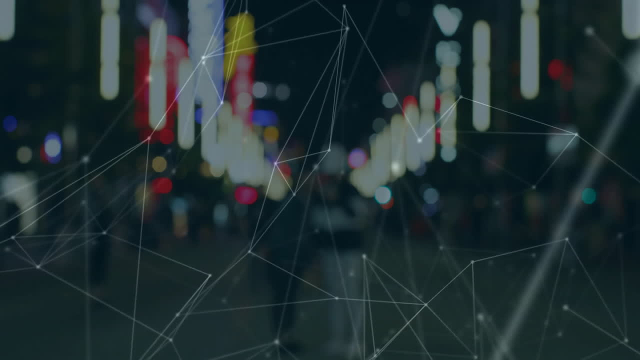 Network of connections animation over blurred city street at night