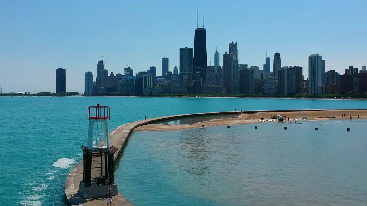 lago, vista sull'oceano, giorno estivo, edifici, centro, skyline, Chicago, faro