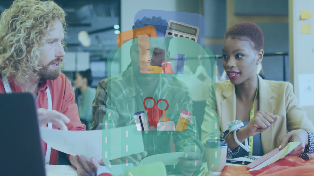 animación del procesamiento de datos de la mochila de la escuela sobre personas de negocios que trabajan en la oficina