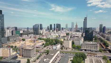 aerial panorama of warsaw, poland over the vistual river and city center in a distance