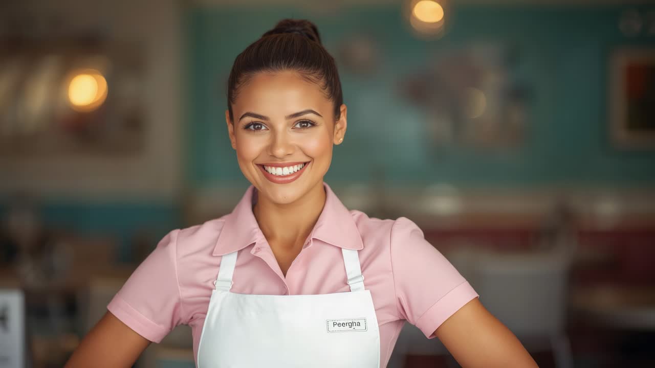 Smiling barista pink shirt white apron hands on hips in cafe, greeting as coworker passing behind