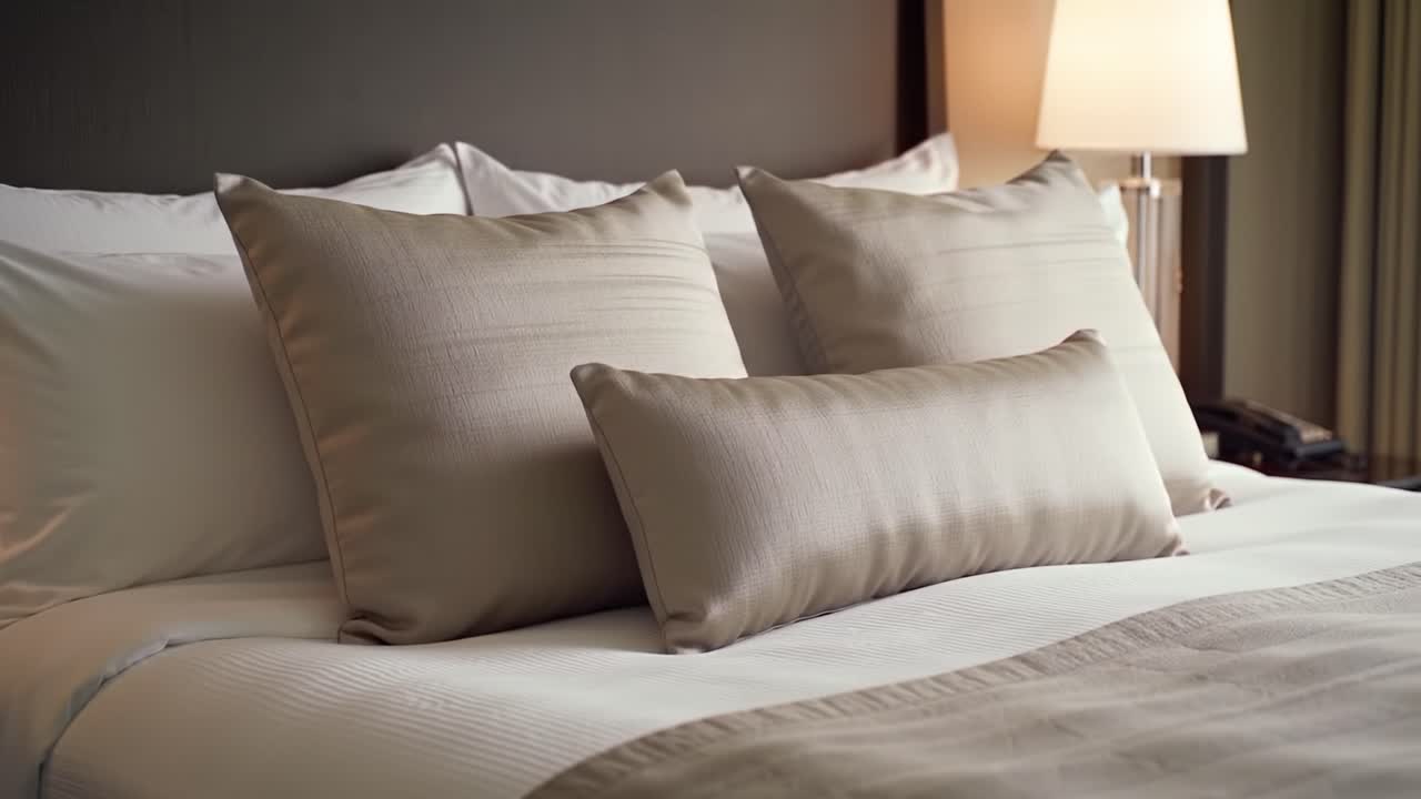 Cozy and Inviting Hotel Bedroom with Plush Beige Pillows and Elegant Lighting, Creating a Comfortable Atmosphere for Relaxation and Sleep