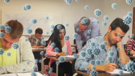 animación de células macro covid-19 flotando sobre un grupo multiétnico de estudiantes que escriben en una clase