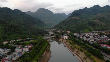 aerial dolly over river at muong lay, vietnam