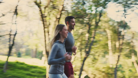 forest, fitness and couple running