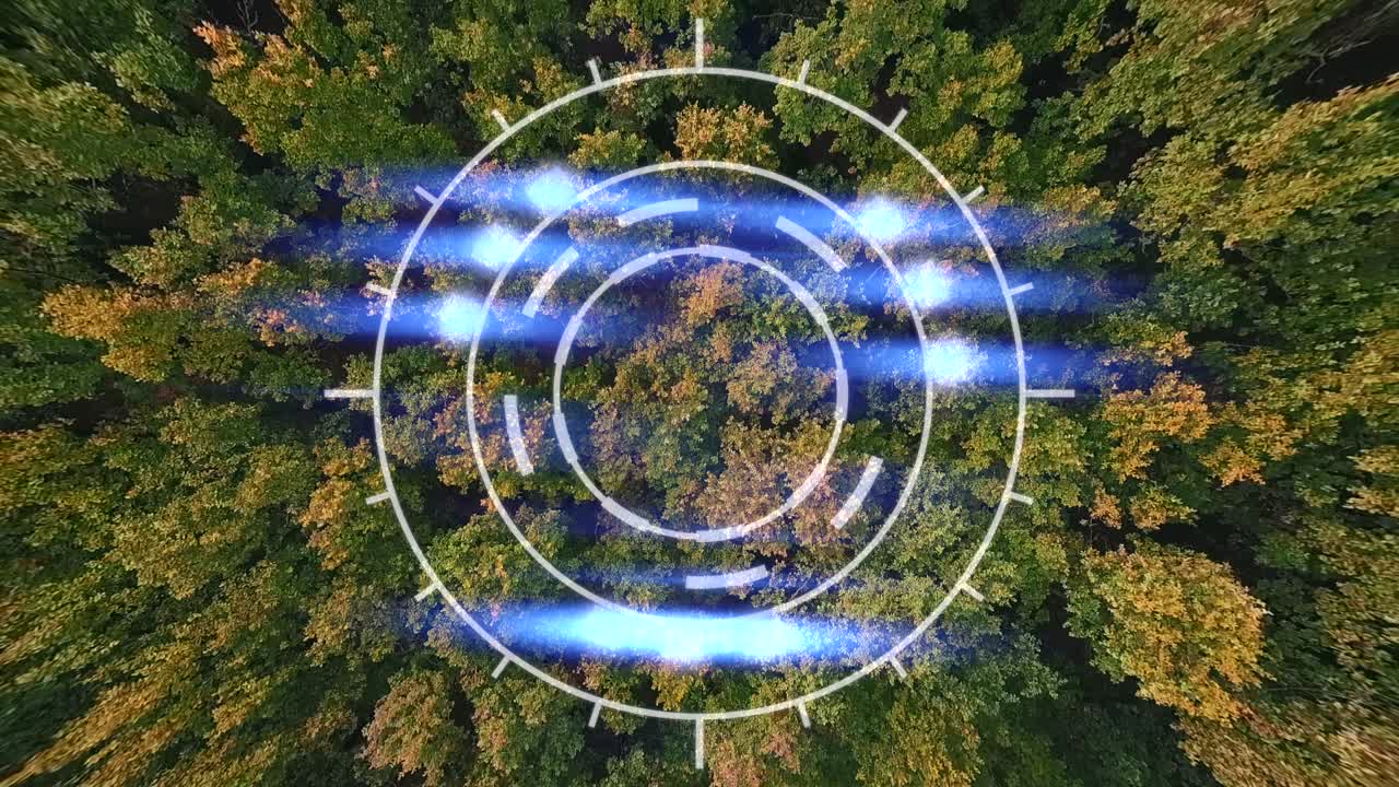 Presentation background combining drone footage of forest and abstract hud icon illuminating on the forefront.