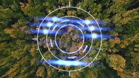 presentation background combining drone footage of forest and abstract hud icon illuminating on the forefront.