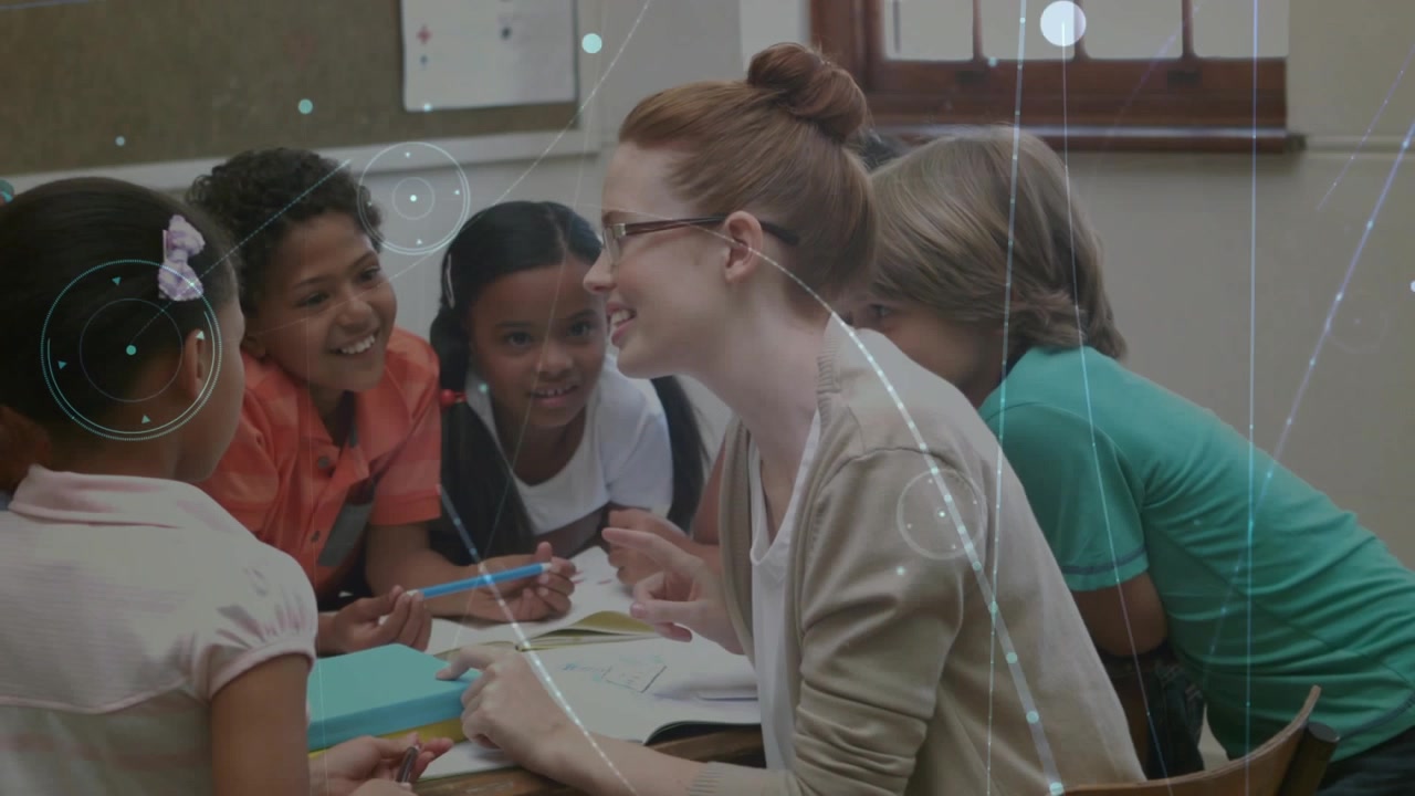 Teacher showing pen to student and guiding workbook activity with digital overlays intensifying