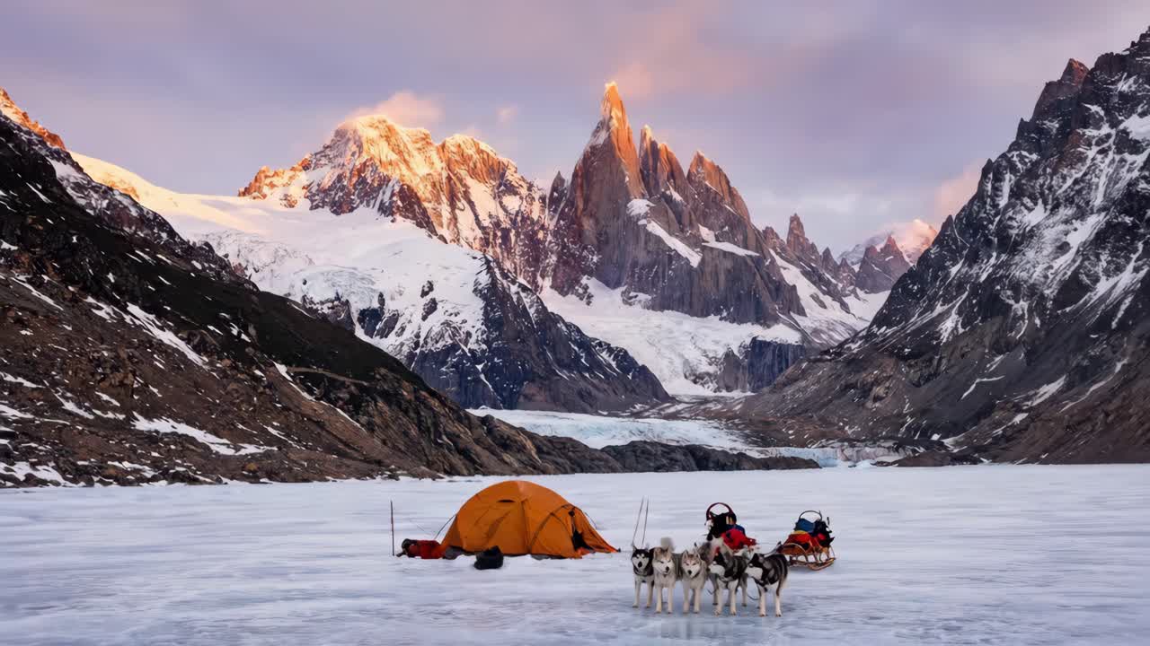 Cani husky da slitta e tenda in un paesaggio montano innevato all'alba