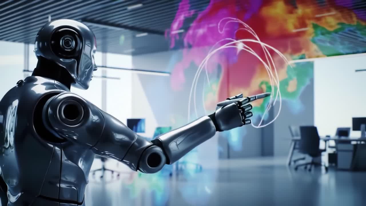 A humanoid robot engages with vibrant digital visuals in a sleek office environment. The scene showcases advanced technology blending with contemporary design during the day.