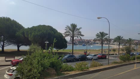 People-walking-on-the-street-among-trees-and-palm-trees,-cars-passing-by-the-road-with-the-beach-and-city-in-the-background-on-a-sunny-summer-day