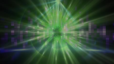 Digitale-Animation-Grüner-Lichtwellen,-Die-Sich-Vor-Violetten-Mosaikquadraten-Auf-Schwarzem-Hintergrund-Drehen