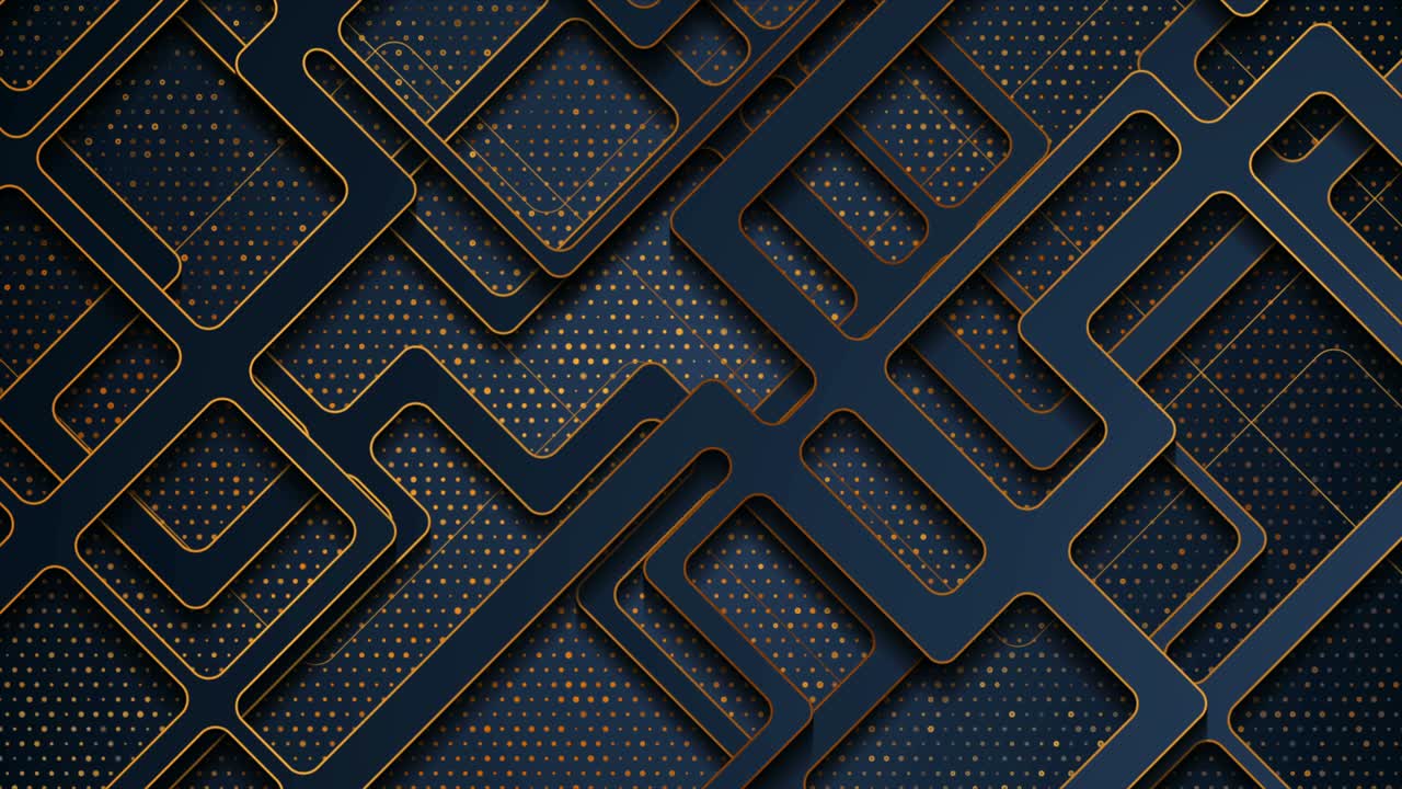 Dark blue papercut grid and golden shiny glitter dots abstract motion background