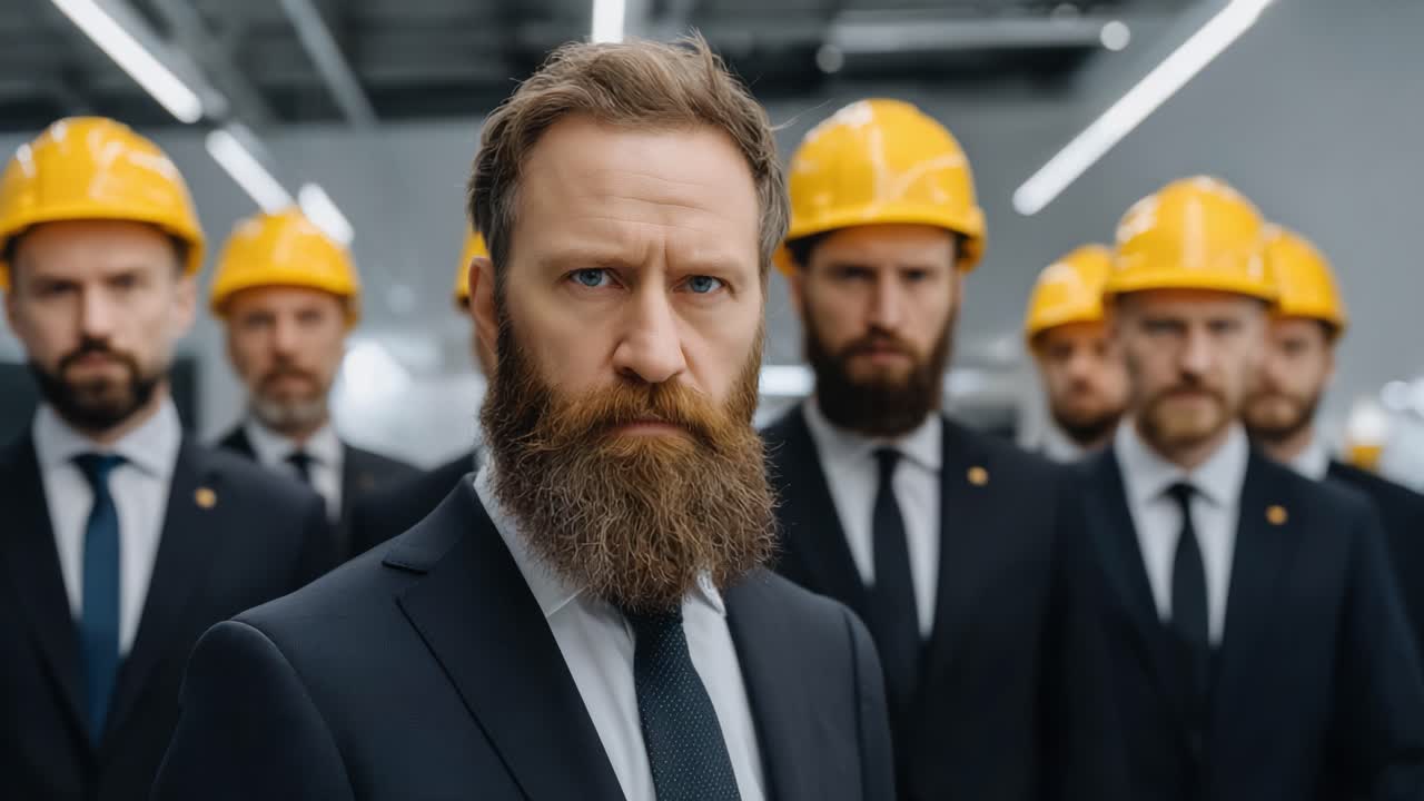 A commanding figure stands in front of a group, showcasing a mix of authority and teamwork, highlighting the importance of leadership and collaboration in industry settings