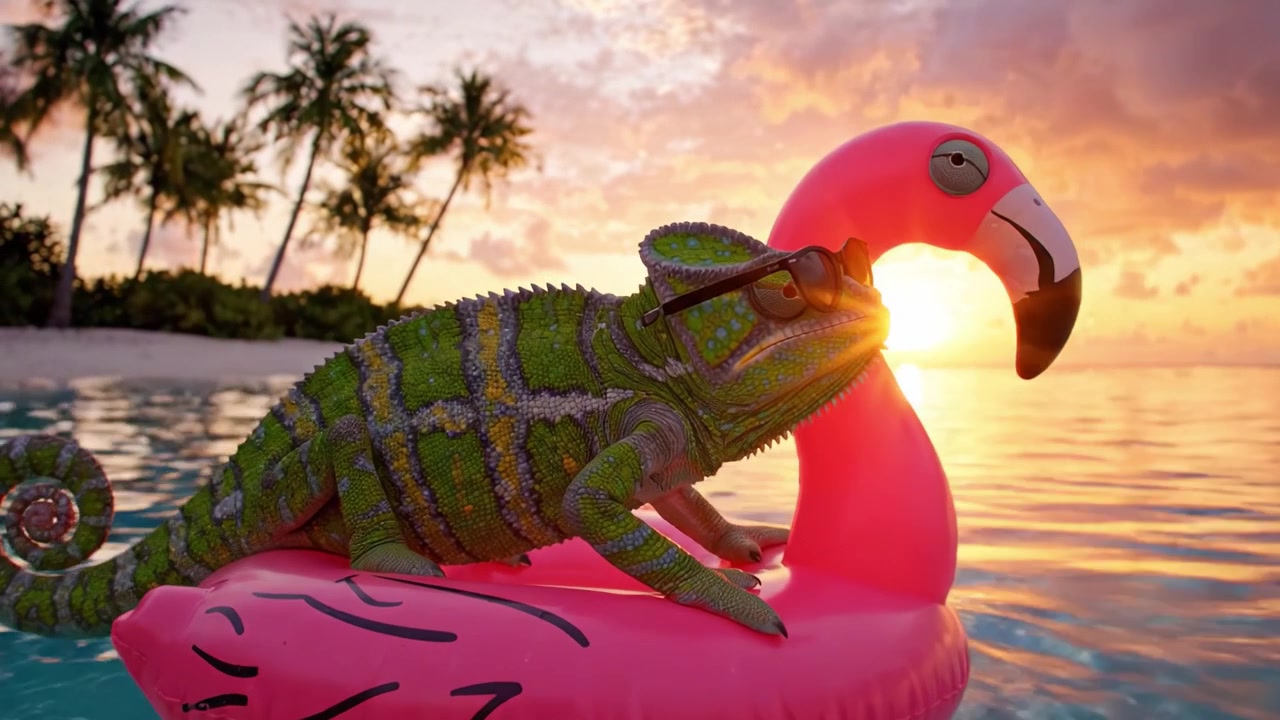 A Stylish Chameleon Enjoys a Vibrant Sunset on a Flamingo Float in a Tropical Paradise, Relaxing by the Serene Waters Surrounded by Palms and Beautiful Horizon