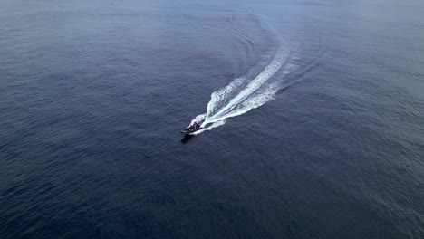 aerial view of fast moving whale watching boat being steered in azure blue ocean