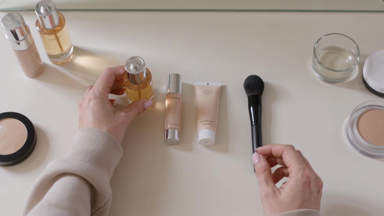 Entering frame woman's hands wearing beige cuff rotating perfume on vanity, aligning makeup brush