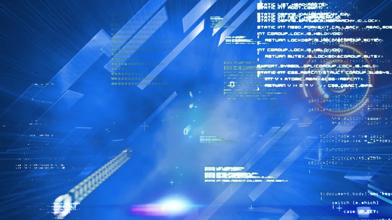 procesamiento de datos y escáner redondo contra formas cuadradas flotando en fondo azul